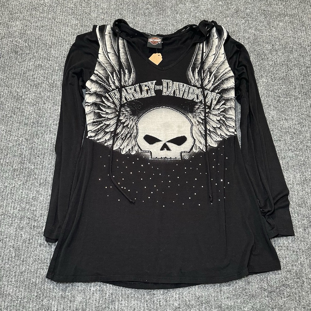 Y2K Harley Davidson black and grey skull shirt with hoodie &‎ Rhinestones Medium